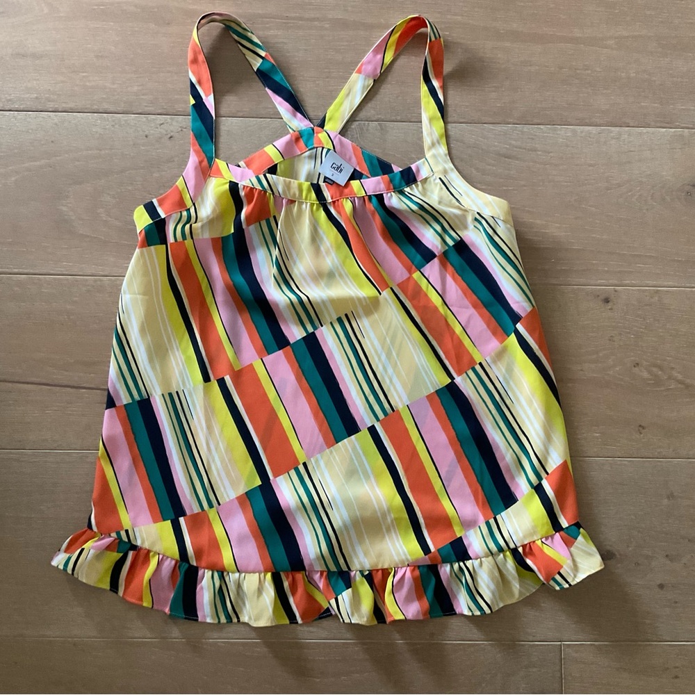 Cabi 5979 Size S Striped Blouse Ruffle Hem Sleeveless Orange Boho Retro